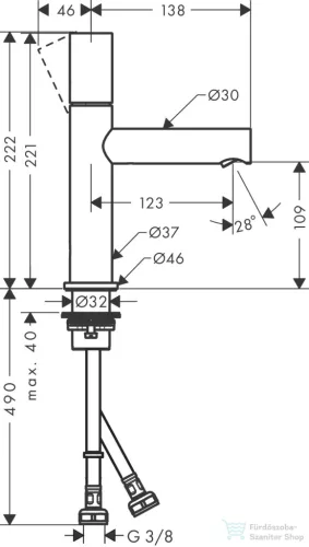 Hansgrohe AXOR UNO 110 mosdó csaptelep Zero fogantyúval, nem zárható leeresztővel, szálcsiszolt fekete króm 45002340