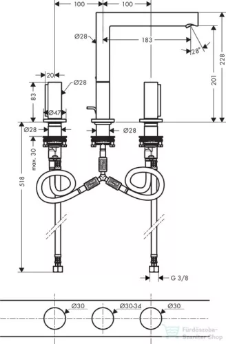 Hansgrohe AXOR UNO 3-lyukú mosdócsaptelep, 200 Zero fogantyúval, automata lefolyóval króm 45133000