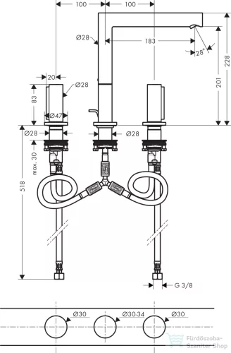 Hansgrohe AXOR UNO 200 3 üléses mosdó csaptelep Zero fogantyúval, automata leeresztővel, szálcsiszolt fekete króm 45133340