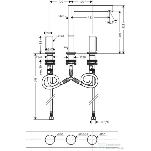 Hansgrohe AXOR UNO 3 üléses mosdócsaptelep, 200 Zero fogantyúval, automata lefolyóval, szálcsiszolt nikkel 45133820