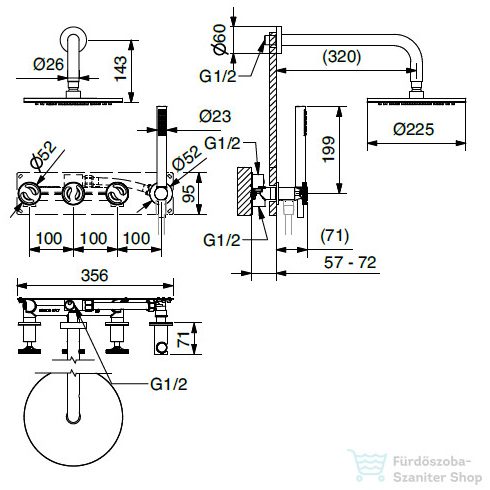 Bugnatese MILLENOVECINQUANTA falsík alatti zuhanyrendszer 22,5 cm-es esőztetővel,belső egységgel,zuhanyszettel,króm 4527CR