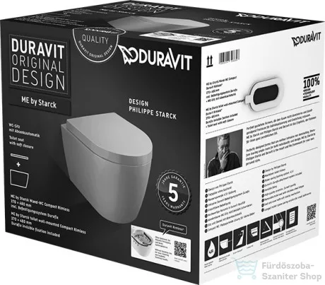 Duravit ME by Starck Compact Rimless (öblítőperem nélküli) fali wc szett, ülőkével 45300900A1 ( 453009 )