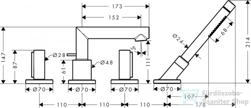 Hansgrohe AXOR UNO 4 üléses kádtöltő csaptelep Zero fogantyúval,zuhanyszettel, szálcsiszolt nikkel 45444820