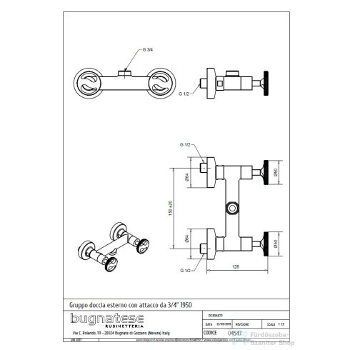 Bugnatese MILLENOVECINQUANTA zuhany csaptelep 3/4-es felső csatlakozással rúdhoz,matt fekete 4547NE