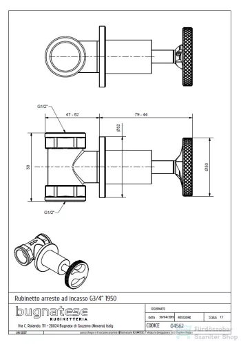 Bugnatese Millenovecinquanta 3/4" elzárószelep szálcsiszolt nikkel színben 4562NS