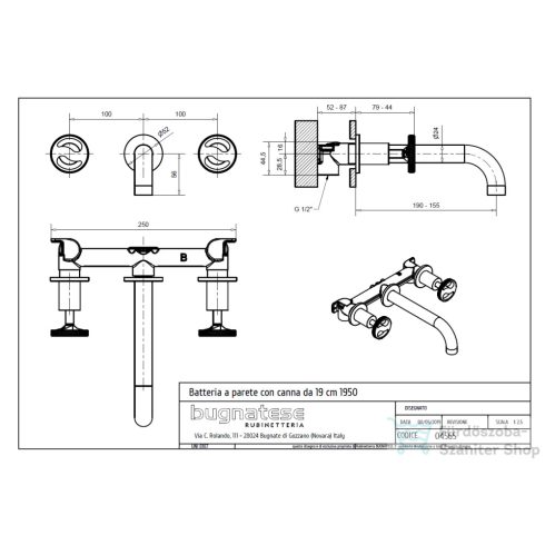 Bugnatese MILLENOVECINQUANTA falsík alatti mosdó csaptelep 19 cm-es kifolyóval,click-clack leeresztővel,belső egységgel,matt fehér 4565SCBI