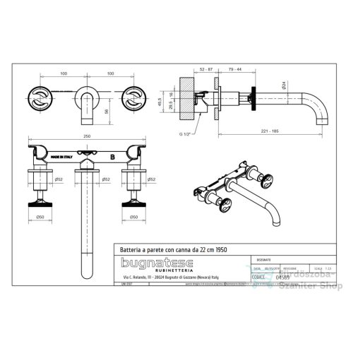 Bugnatese MILLENOVECINQUANTA falsík alatti mosdó csaptelep 22 cm-es kifolyóval,click-clack leeresztővel,belső egységgel,szálcsiszolt nikkel 4569SCNS