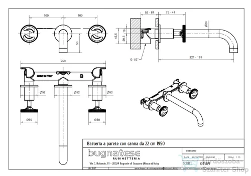 Bugnatese MILLENOVECINQUANTA falsík alatti mosdó csaptelep 22 cm-es kifolyóval,click-clack leeresztővel,belső egységgel,szálcsiszolt nikkel 4569SCNS