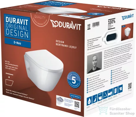Duravit D-NEO Compact perem nélküli függesztett wc szett lecsapódásgátlós ülőkével, fehér 45870900A1