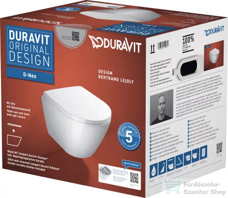 Duravit D-NEO Compact perem nélküli függesztett wc szett lecsapódásgátlós ülőkével, fehér 45880900A1