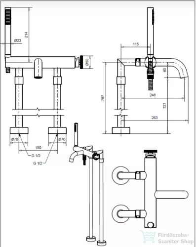 Bugnatese MILLENOVECINQUANTA szabadonálló kádcsaptelep, zuhanyszettel, szálcsiszolt nikkel színben 4602PGF
