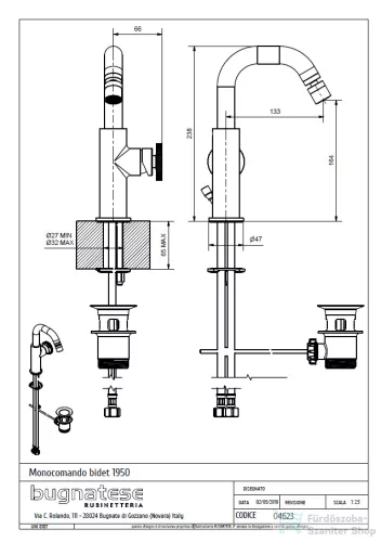 Bugnatese MILLENOVECINQUANTA bidé csaptelep automata leeresztővel,matt fehér 4623BI