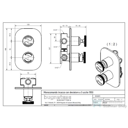 Bugnatese Millenovecinquanta Fal alatti 3 utas zuhanycsaptelep, fehér színben 4631BI