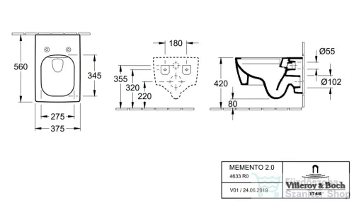 Villeroy & Boch Memento 2.0 Rimless fali wc CeramicPlus bevonattal 4633 R0 R1 ( 4633R0R1 )
