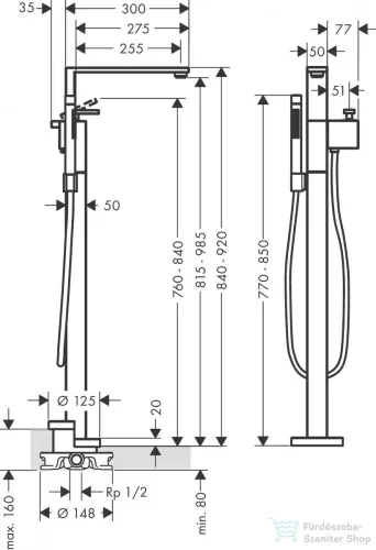Hansgrohe AXOR EDGE Diamond Cut szabadonálló kádtöltő csaptelep zuhanyszettel, króm 46441000