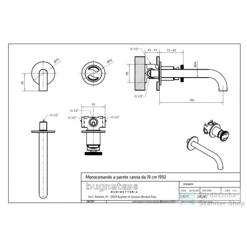 Bugnatese MILLENOVECINQUANTA Fal alatti mosdócsaptelep, leeresztő nélkül,  19 cm kifolyóval, szálcsiszolt nikkel 4645NS