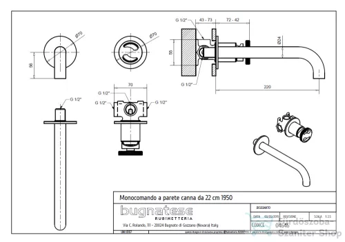 Bugnatese MILLENOVECINQUANTA falsík alatti mosdó csaptelep 22 cm-es kifolyóval,click-clack leeresztővel,belső egységgel,króm 4646SCCR