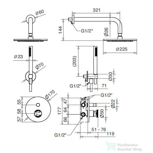 Bugnatese MILLENOVECINQUANTA falsík alatti zuhanyrendszer 22,5 cm-es esőztetővel,belső egységgel,zuhanyszettel,grafit 4674GF
