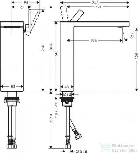 Hansgrohe AXOR MYEDITION 230 magasított mosdócsaptelep fedőlap nélkül,klik-klak leeresztővel, króm 47022000