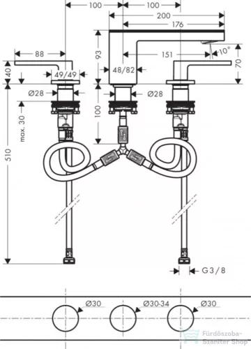 Hansgrohe AXOR MyEdition 3-lyukú mosdó csaptelep 70, leeresztő nélkül, fekete/króm 47050600