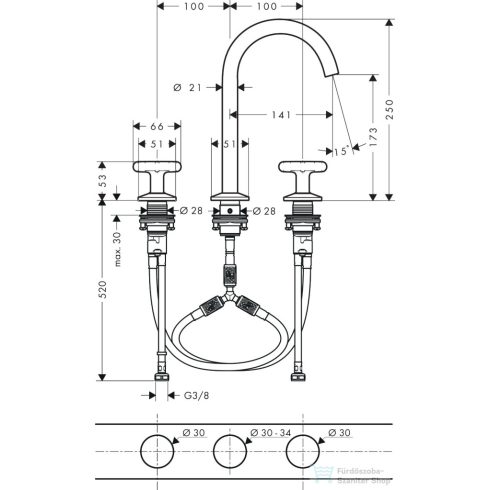 Hansgrohe AXOR ONE 170 3 üléses mosdó csaptelep,klik-klak leeresztővel,polírozott vörös arany hatású 48040300