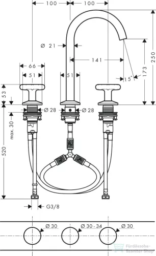 Hansgrohe AXOR ONE 170 3 üléses mosdó csaptelep,klik-klak leeresztővel, polírozott fekete króm 48040330