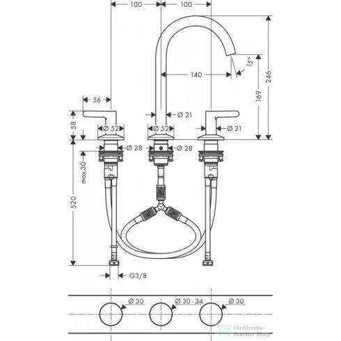 Hansgrohe AXOR ONE 170 3 üléses mosdó csaptelep,klik-klak leeresztővel,szálcsiszolt bronz 48050140