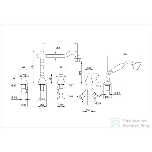 Bugnatese REVIVAL Peremre szerelt, 5 üléses kádcsaptelep, króm színben 480