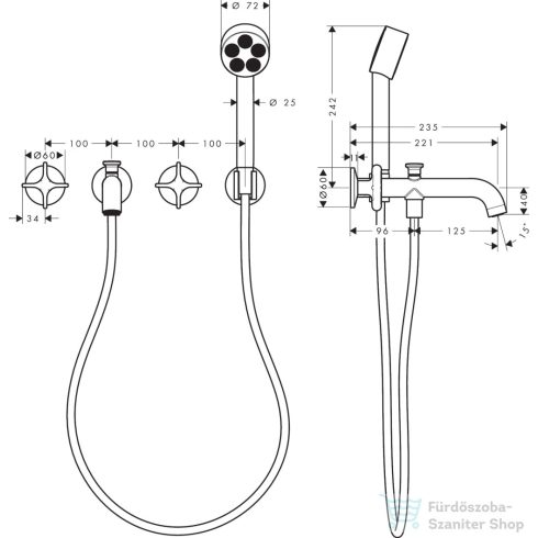 Hansgrohe AXOR ONE falsík alatti kádtöltő csaptelep zuhanyszettel, alaptest nélkül, szálcsiszolt fekete króm 48443340