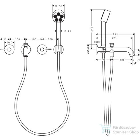 Hansgrohe AXOR ONE falsík alatti kádtöltő csaptelep zuhanyszettel, alaptest nélkül, szálcsiszolt fekete króm 48444340