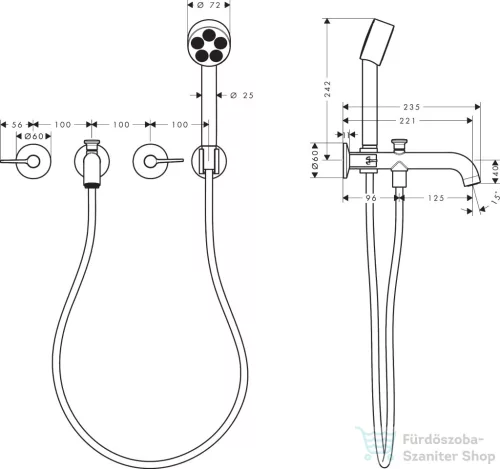 Hansgrohe AXOR ONE falsík alatti kádtöltő csaptelep zuhanyszettel, alaptest nélkül, szálcsiszolt fekete króm 48444340