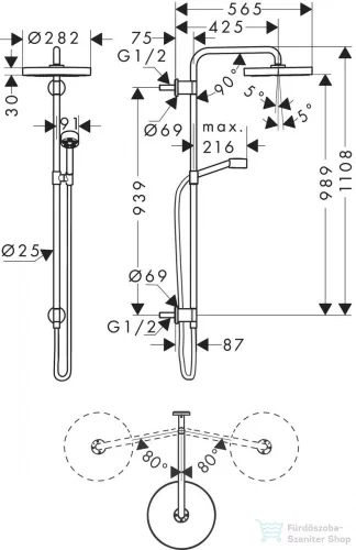 Hansgrohe AXOR ONE Showerpipe 280 1 jet zuhanyszett esőztetővel, és gégecső csatlakozóval,szálcsiszolt arany hatású 48790250