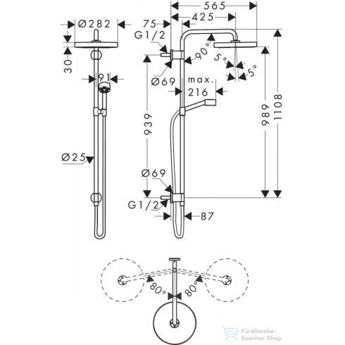 Hansgrohe AXOR ONE Showerpipe 280 1 jet zuhanyszett esőzetővel, és gégecső csatlakozóval,polírozott arany hatású 48790990