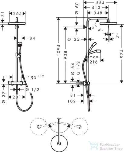 Hansgrohe AXOR ONE 280 termosztátos zuhanyrendszer, szálcsiszolt bronz 48794140