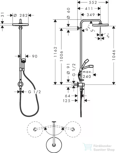 Hansgrohe AXOR ONE Showerpipe 280 1 jet zuhanyszett esőztetővel, és gégecső csatlakozóval, króm 48796000