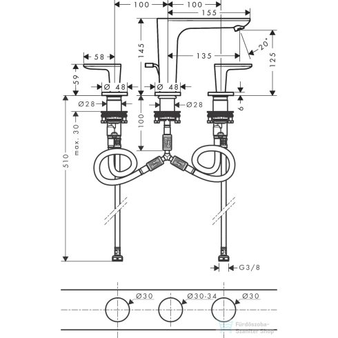 Hansgrohe AXOR CITTERIO C 3 üléses mosdó csaptelep rombuszmetszéses fogantyúval,automata leeresztővel,szálcsiszolt fekete króm 49061340