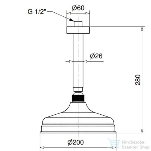 Bugnatese 20 cm-es mennyezeti fejzuhany 28 cm-es zuhanykarral,Sárgaréz 49116ON