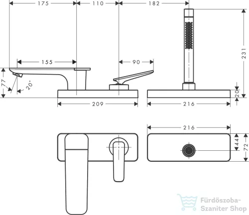 Hansgrohe AXOR CITTERIO C 3 üléses kádtöltő csaptelep zuhanyszettel,alaptest nélkül,polírozott arany hatású 49430990