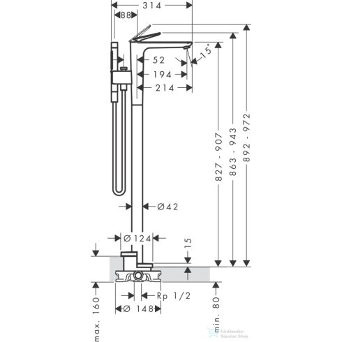 Hansgrohe AXOR CITTERIO C szabadonálló kádtöltő csaptelep zuhanyszettel,rombuszmetszéses fogantyúval,alaptest nélkül,króm 49441000