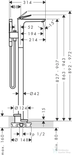Hansgrohe AXOR CITTERIO C szabadon álló kádtöltő csaptelep zuhanyszettel, négyszög metszéses fogantyúval, alaptest nélkül, szálcsiszolt vörös arany hatású 49441310