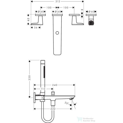 Hansgrohe AXOR CITTERIO C falsík alatti kádtöltő csaptelep zuhanyszettel,alaptest nélkül,szálcsiszolt nikkel 49480820