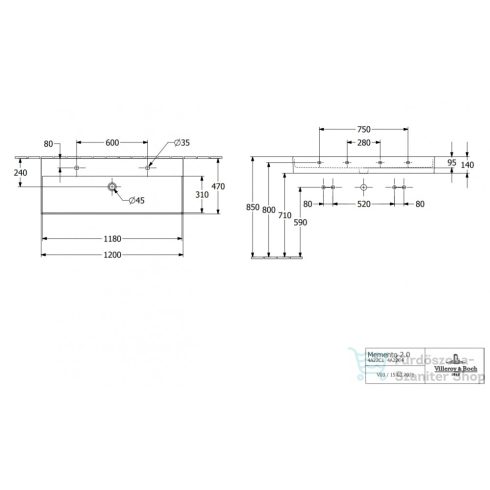 Villeroy & Boch Memento 2.0 120x47 mosdó, 2 csaplyukkal, túlfolyóval, Ceramic Plus bevonat 4A22 C4 R1 ( 4A22C4R1 )