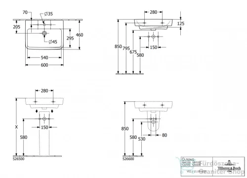 Villeroy & Boch O.Novo 60x46 cm-es mosdó, CeramicPlus bevonattal 4A41 61 R1 ( 4A4161R1 )