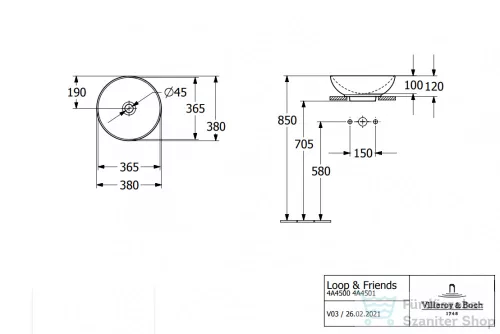 Villeroy & Boch Loop & Friends 38cm-es ráültethető mosdó túlfolyóval, fehér színben 4A45 00 01 ( 4A450001 )