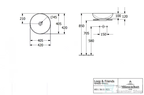 Villeroy & Boch Loop & Friends 42cm-es ráültethető mosdó túlfolyó nélkül, mandula színben, Ceramic Plus bevonat 4A46 01 AM ( 4A4601AM )