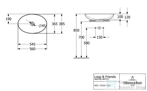 Villeroy & Boch Loop & Friends 56x38 ráültethető mosdó túlfolyó nélkül, fehér színben, Ceramic Plus bevonat 4A47 01 R1 ( 4A4701R1 )