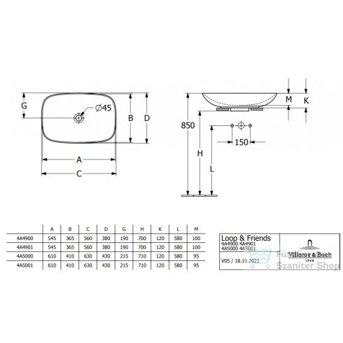 Villeroy & Boch Loop & Friends 56x38 ráültethető mosdó túlfolyóval, fehér színben, Ceramic Plus bevonat 4A49 00 R1 ( 4A4900R1 )