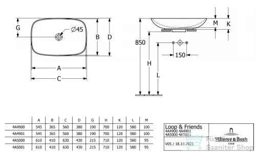 Villeroy & Boch Loop & Friends 56x38 ráültethető mosdó túlfolyó nélkül, fehér színben 4A49 01 01 ( 4A490101 )