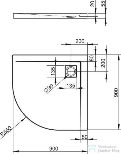 Radaway Argos A 90x90 íves zuhanytálca R399 szögletes zuhanyszifonnal 4AA99-01