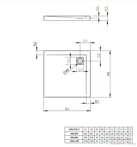 Radaway Argos C 100x100 szögletes zuhanytálca R399 szögletes zuhanyszifonnal 4AC1010-01
